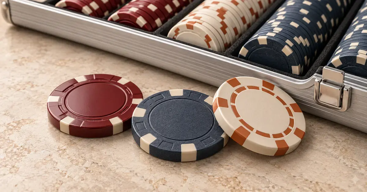 Kolme eriväristä ja pintarakenteeltaan erilaista pokerimerkkiä vaalealla pöydällä avoimen pelimerkkisalkun edessä.