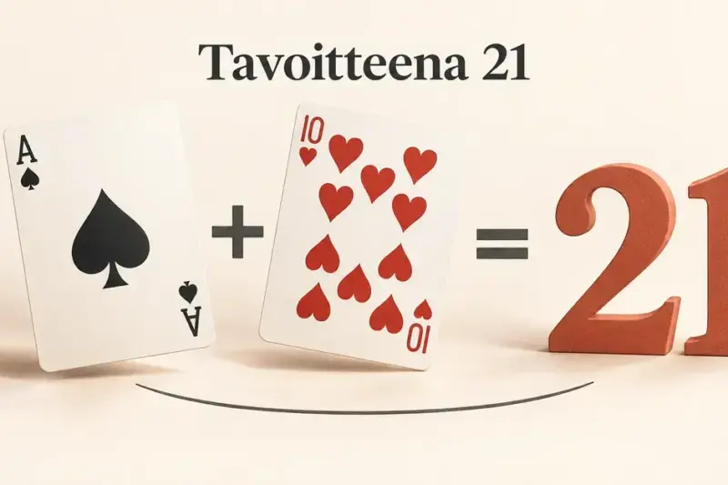 Pataässä ja herttakymppi muodostavat blackjackin 21 pisteen käden vaalealla taustalla tekstin ”Tavoitteena 21” alla.