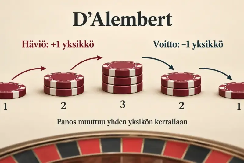 D’Alembert-strategiaa havainnollistavat pelimerkkipinot näyttävät, kuinka panos kasvaa häviön jälkeen yhdellä yksiköllä ja pienenee voiton jälkeen yhdellä yksiköllä.