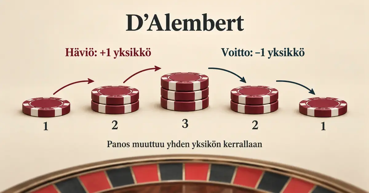 D’Alembert-strategiaa havainnollistavat pelimerkkipinot näyttävät, kuinka panos kasvaa häviön jälkeen yhdellä yksiköllä ja pienenee voiton jälkeen yhdellä yksiköllä.