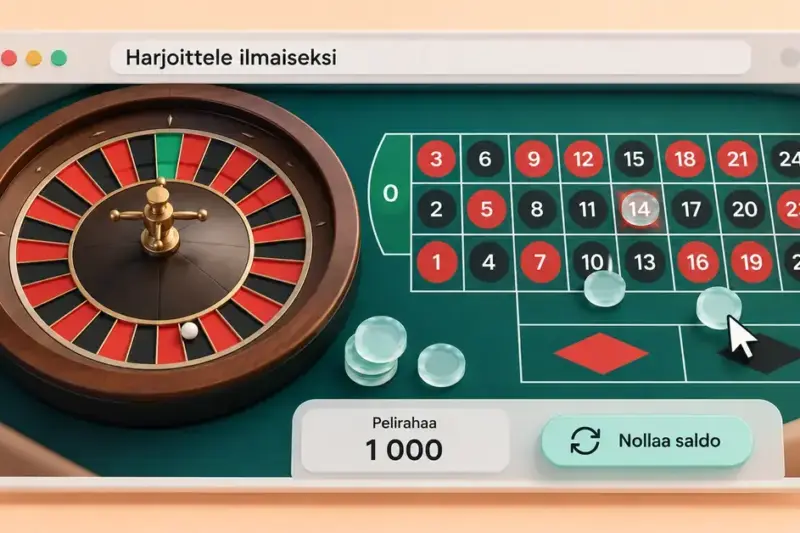 Ilmaisen ruletin demopeli selainikkunassa, jossa näkyvät rulettipyörä, panostuspöytä, virtuaaliset pelimerkit ja nollattava pelirahasaldo.