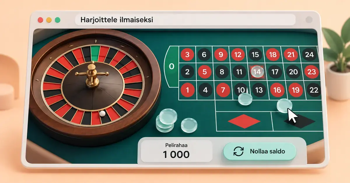Ilmaisen ruletin demopeli selainikkunassa, jossa näkyvät rulettipyörä, panostuspöytä, virtuaaliset pelimerkit ja nollattava pelirahasaldo.