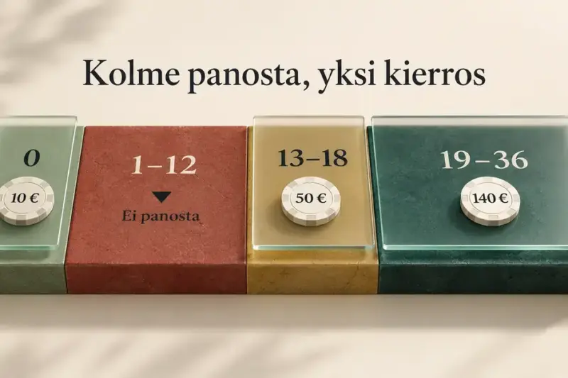 James Bond -rulettistrategian panosjako: 10 euroa nollalle, 50 euroa numeroille 13–18 ja 140 euroa numeroille 19–36, kun taas numerot 1–12 jäävät ilman panosta.