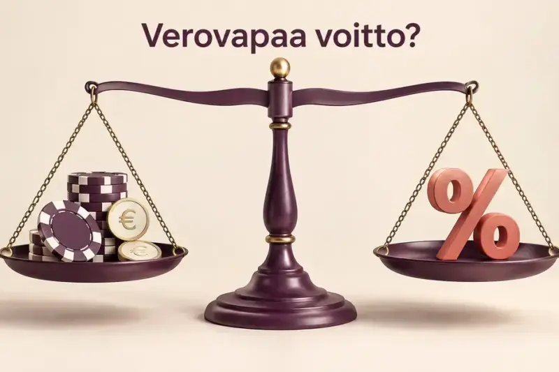 Vaa’an kupeissa olevat kasinopelimerkit, eurokolikot ja prosenttimerkki havainnollistavat kasinovoittojen verotusta tekstin ”Verovapaa voitto?” alla.