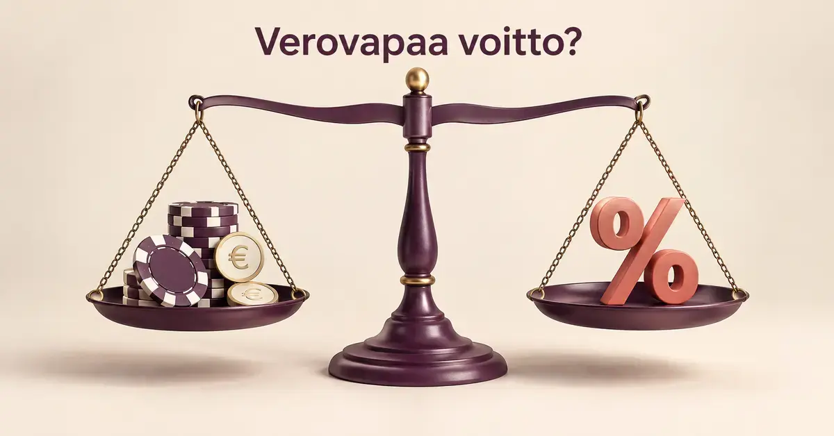 Vaa’an kupeissa olevat kasinopelimerkit, eurokolikot ja prosenttimerkki havainnollistavat kasinovoittojen verotusta tekstin ”Verovapaa voitto?” alla.