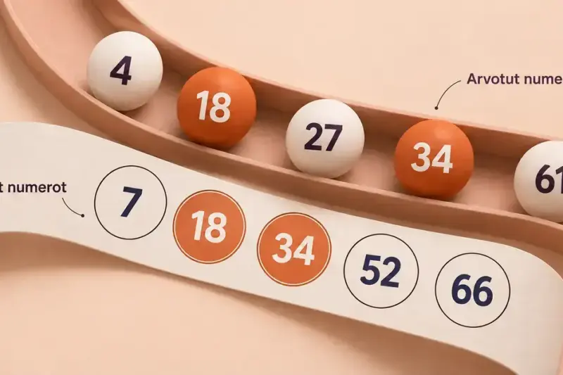 Kenon omia numeroita ja arvottuja numeropalloja havainnollistava kuvitus, jossa osumat 18 ja 34 on korostettu oranssilla.