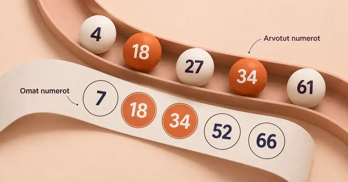 Kenon omia numeroita ja arvottuja numeropalloja havainnollistava kuvitus, jossa osumat 18 ja 34 on korostettu oranssilla.