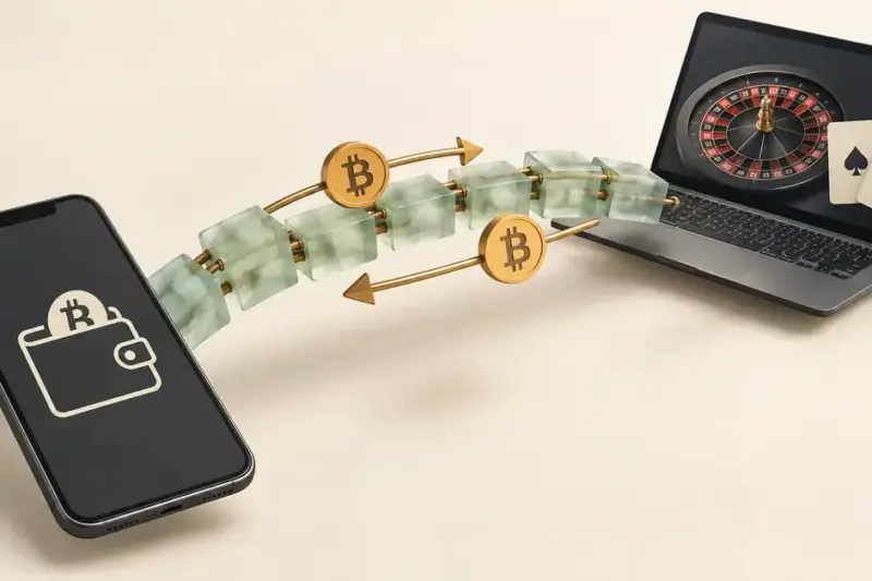 Bitcoin-lompakon ja nettikasinon välinen lohkoketjusilta sekä vastakkaiset nuolet havainnollistavat kryptovaluutan talletuksia ja kotiutuksia.