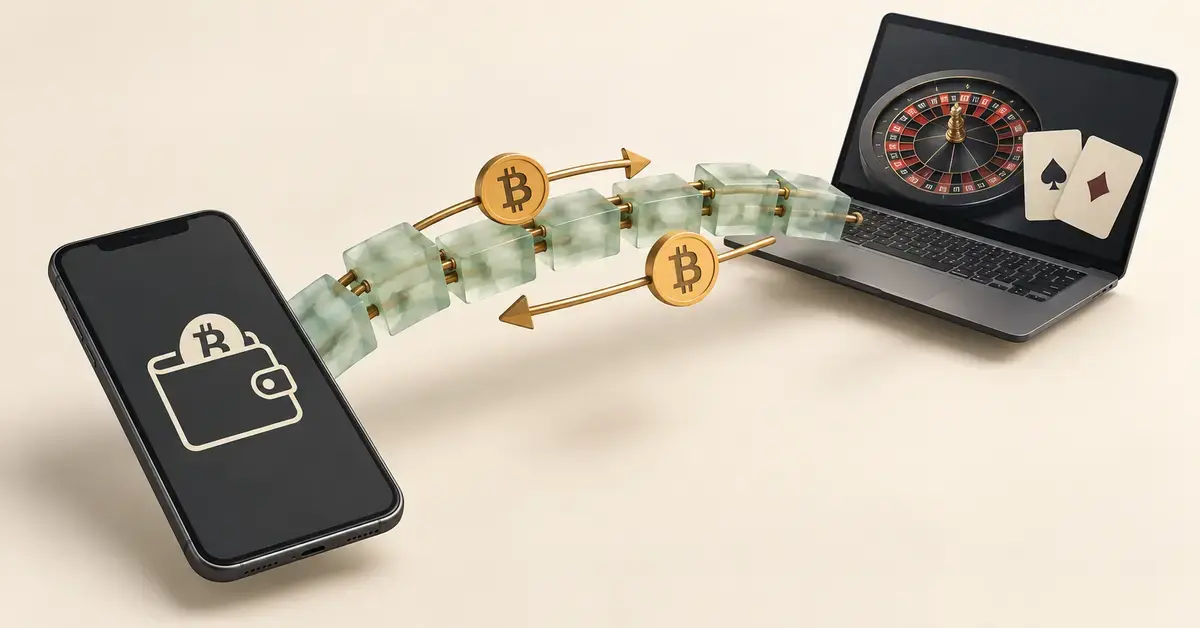 Bitcoin-lompakon ja nettikasinon välinen lohkoketjusilta sekä vastakkaiset nuolet havainnollistavat kryptovaluutan talletuksia ja kotiutuksia.