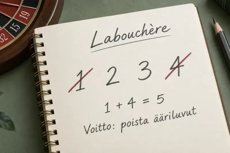 Muistikirjan lukujonosta 1, 2, 3, 4 on yliviivattu ääriluvut 1 ja 4 voiton jälkeen Labouchère-strategian mukaisesti, ja vieressä näkyy osa rulettipyörästä.