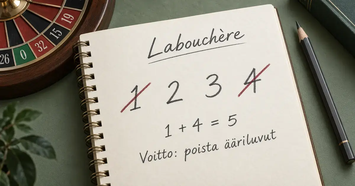 Muistikirjan lukujonosta 1, 2, 3, 4 on yliviivattu ääriluvut 1 ja 4 voiton jälkeen Labouchère-strategian mukaisesti, ja vieressä näkyy osa rulettipyörästä.