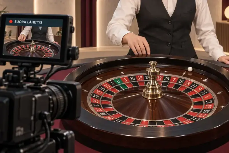 Live-rulettistudion jakaja ja fyysinen rulettipyörä sekä kamera, jonka näytöllä näkyy suora lähetys pelipöydästä.