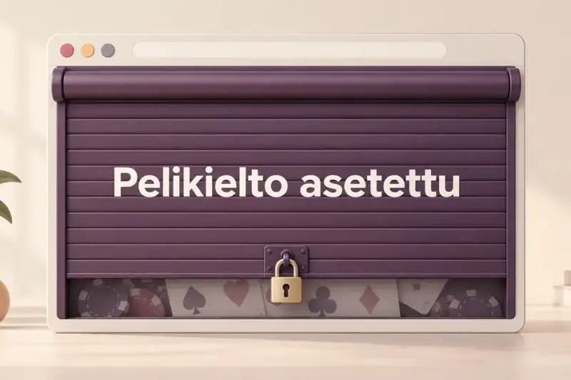 Nettikasinon selainikkunan peittävä lukittu rullasuljin ja teksti ”Pelikielto asetettu” havainnollistavat rahapelaamisen estämistä.