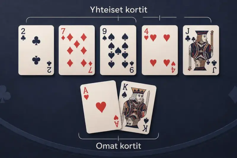 Texas Hold’emin viisi yhteistä korttia ja pelaajan kaksi omaa korttia havainnollistettuina sinisellä pelipöydällä.