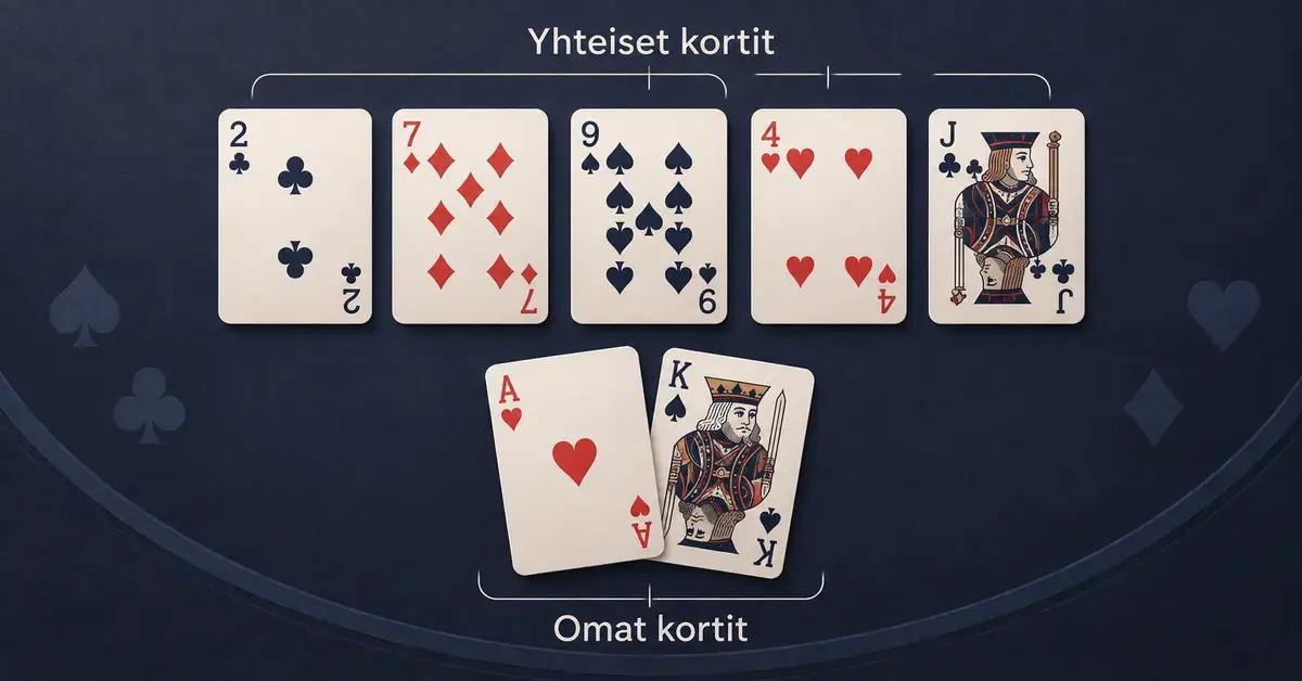 Texas Hold’emin viisi yhteistä korttia ja pelaajan kaksi omaa korttia havainnollistettuina sinisellä pelipöydällä.
