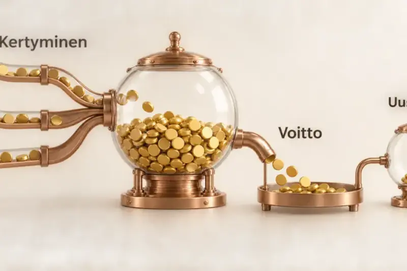 Kuparisia kouruja pitkin yhteiseen lasisäiliöön kertyvät kolikot havainnollistavat progressiivisen jackpotin kasvua, voitonmaksua ja potin palautumista alkutasolle.