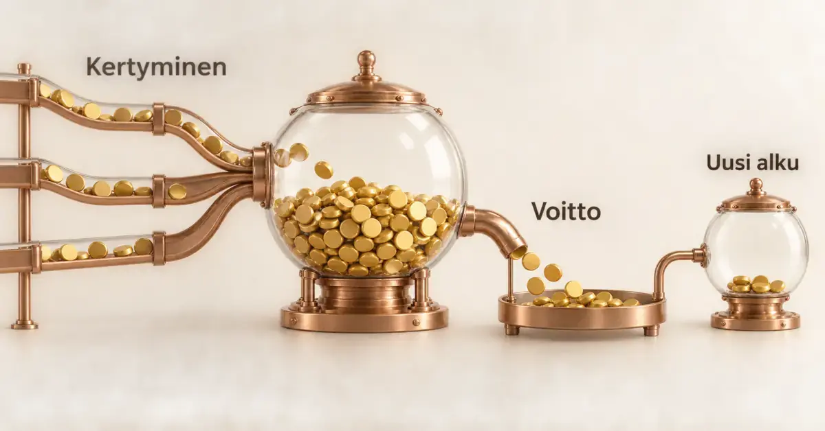 Kuparisia kouruja pitkin yhteiseen lasisäiliöön kertyvät kolikot havainnollistavat progressiivisen jackpotin kasvua, voitonmaksua ja potin palautumista alkutasolle.
