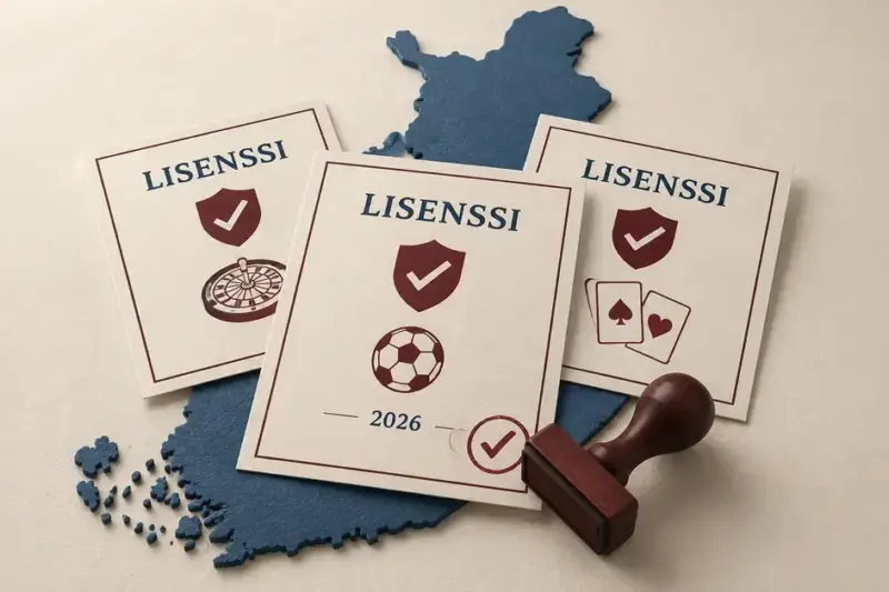 Suomen kartan päälle asetetut lisenssiasiakirjat ja leimasin havainnollistavat vuoden 2026 rahapeliuudistusta ja uutta lisenssijärjestelmää.