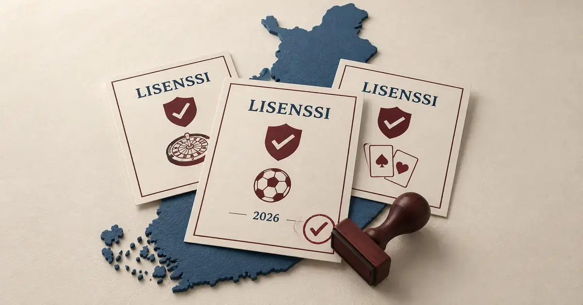 Suomen kartan päälle asetetut lisenssiasiakirjat ja leimasin havainnollistavat vuoden 2026 rahapeliuudistusta ja uutta lisenssijärjestelmää.