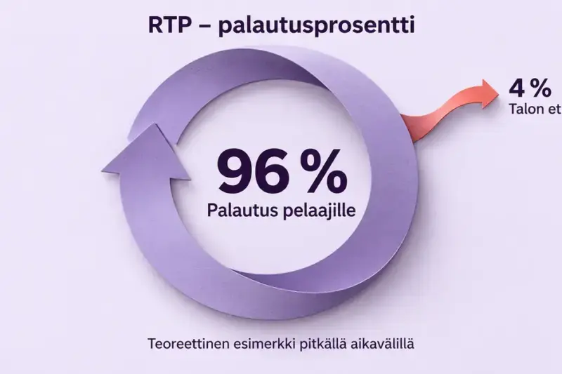 Violetti kiertonuoli havainnollistaa 96 prosentin teoreettista palautusta pelaajille pitkällä aikavälillä, ja korallinvärinen sivuhaara kuvaa 4 prosentin talon etua.