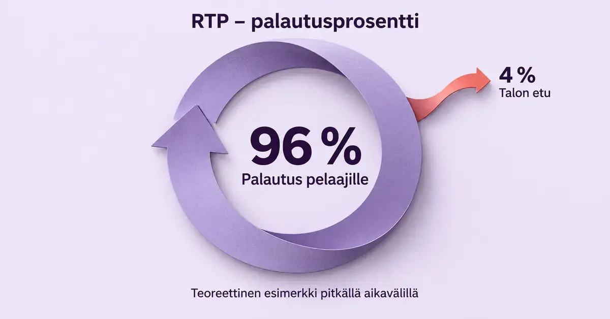 Violetti kiertonuoli havainnollistaa 96 prosentin teoreettista palautusta pelaajille pitkällä aikavälillä, ja korallinvärinen sivuhaara kuvaa 4 prosentin talon etua.