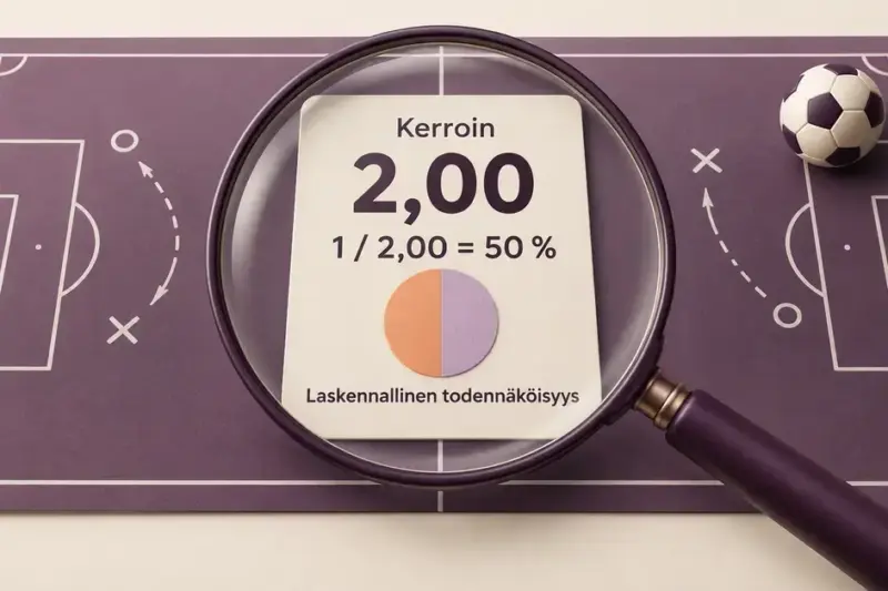 Suurennuslasin alla oleva kortti havainnollistaa, miten vedonlyöntikerroin 2,00 vastaa 50 prosentin laskennallista todennäköisyyttä jalkapallokentän päällä.
